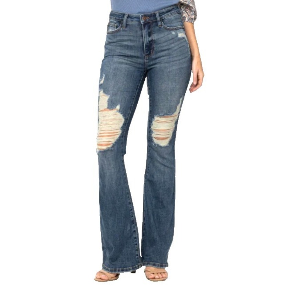 Judy Blue High Waisted Destroyed Flare Leg Jeans Womens 13 Cowgirl Western Rodeo